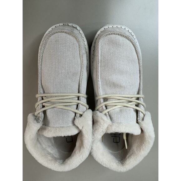 Hey Dude Women's Britt Shoes 9 Herringbone Cream Faux Fur Trim Comfort Cozy - Picture 2 of 13